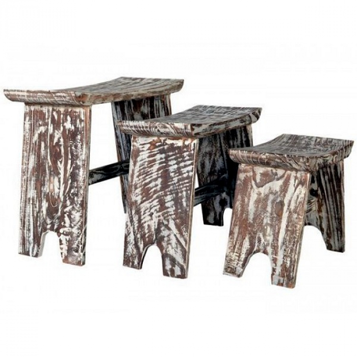 3er Set Holz-Beistelltische Bali Handgefertigte Pflanzhocker & Sitzhocker aus Zedrachholz (Whitewash)