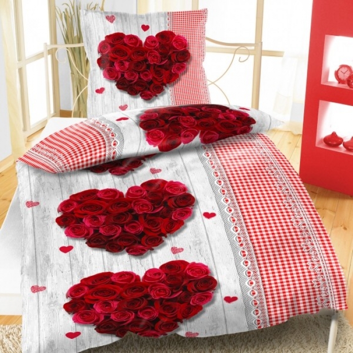 Preview: ROMANTIK ROSEN HERZ ROT Bettwäsche Baumwolle 135x200 cm