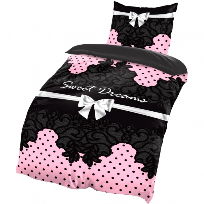 Preview: SÜSSE TRÄUME SCHWARZ PINK Bettwäsche Garnitur 135x200 cm Mikrofaser