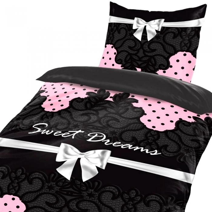 SÜSSE TRÄUME SCHWARZ PINK Bettwäsche Garnitur 135x200 cm Mikrofaser