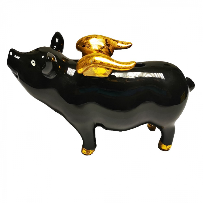 SPARDOSE Keramik SPARSCHWEIN schwarz mit goldenen Flügeln Schwein Sau Flying Pig