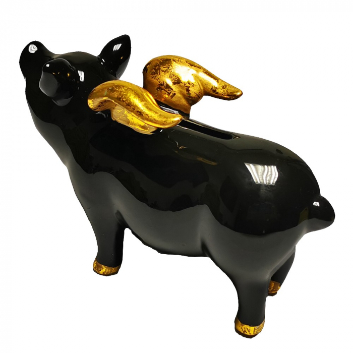 SPARDOSE Keramik SPARSCHWEIN schwarz mit goldenen Flügeln Schwein Sau Flying Pig