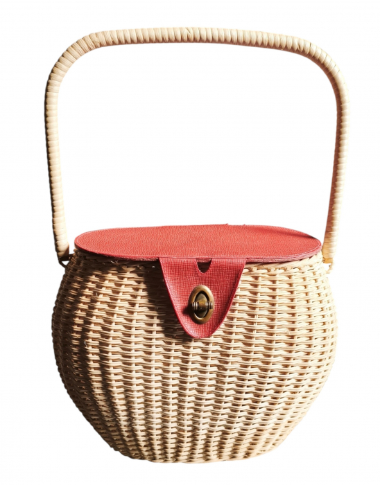 70er Jahre Vintage Korbtasche Basket Bag mit rotem Deckel & Drehverschluss