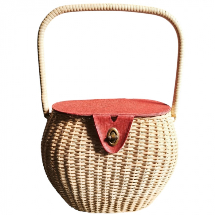 70er Jahre Vintage Korbtasche Basket Bag mit rotem Deckel & Drehverschluss