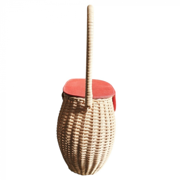 70er Jahre Vintage Korbtasche Basket Bag mit rotem Deckel & Drehverschluss