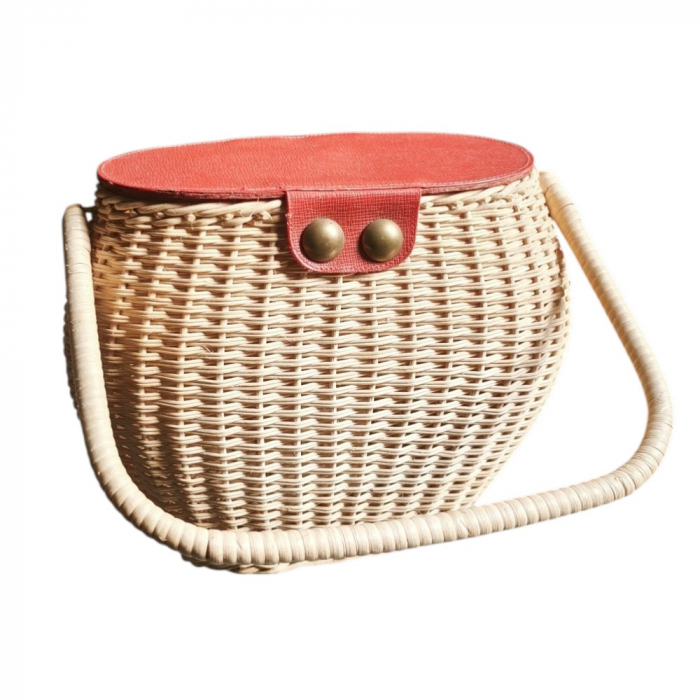 70er Jahre Vintage Korbtasche Basket Bag mit rotem Deckel & Drehverschluss