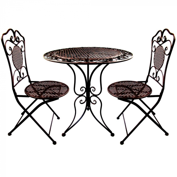 Gartenmöbel Set Sitzgruppe rustikal braun Antikstil Eisen 1 Tisch 2 Stühle 