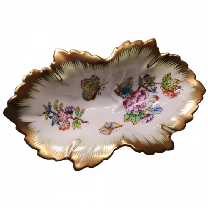 HEREND HUNGARY Porzellan Schale Blattschälchen Blattform 70er Jahre Blumenmuster