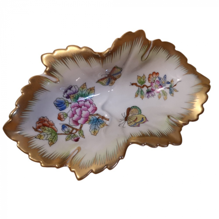 Preview: HEREND HUNGARY Porzellan Schale Blattschälchen Blattform 70er Jahre Blumenmuster