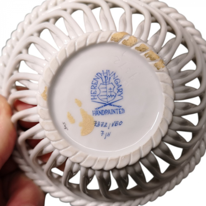 HEREND HUNGARY Porzellan Schale Konfektschale Flechtkorb 70er Jahre Blumenmuster