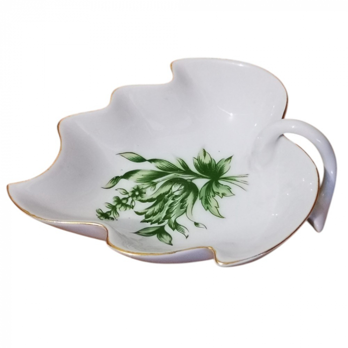 HOLLÓHÁZA HUNGARY Porzellan Schale Blattschälchen Blattform 80er Jahre Blumenmuster