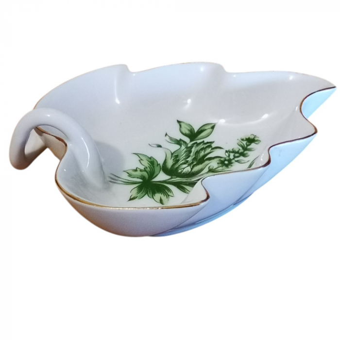 Preview: HOLLÓHÁZA HUNGARY Porzellan Schale Blattschälchen Blattform 80er Jahre Blumenmuster