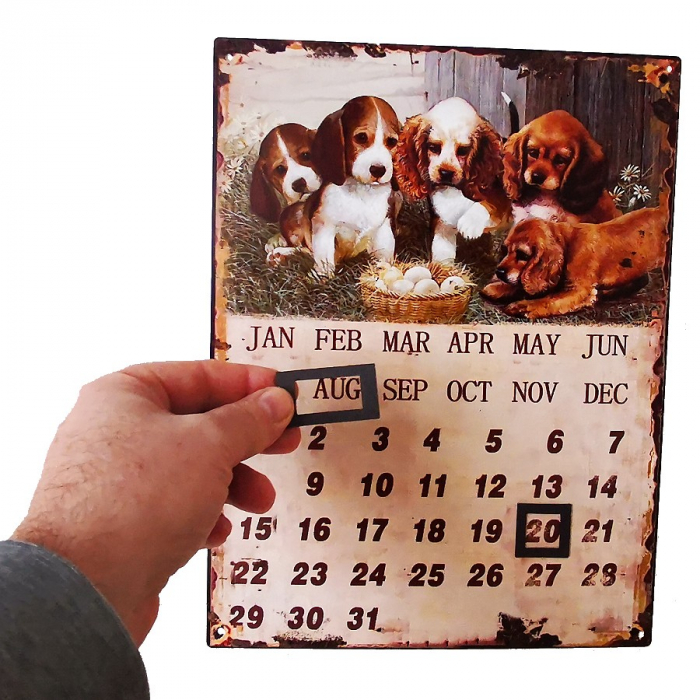 Kalender HUNDE WELPEN Jahreskalender Shabby Blechschild magnetisch 33x25 cm