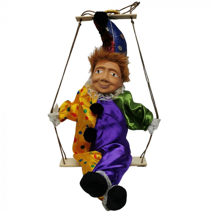 Große Marionette auf Schaukel KASPERL Kasper mit Porzellan Kopf Glanzsatin 58 cm gelb/lila/grün