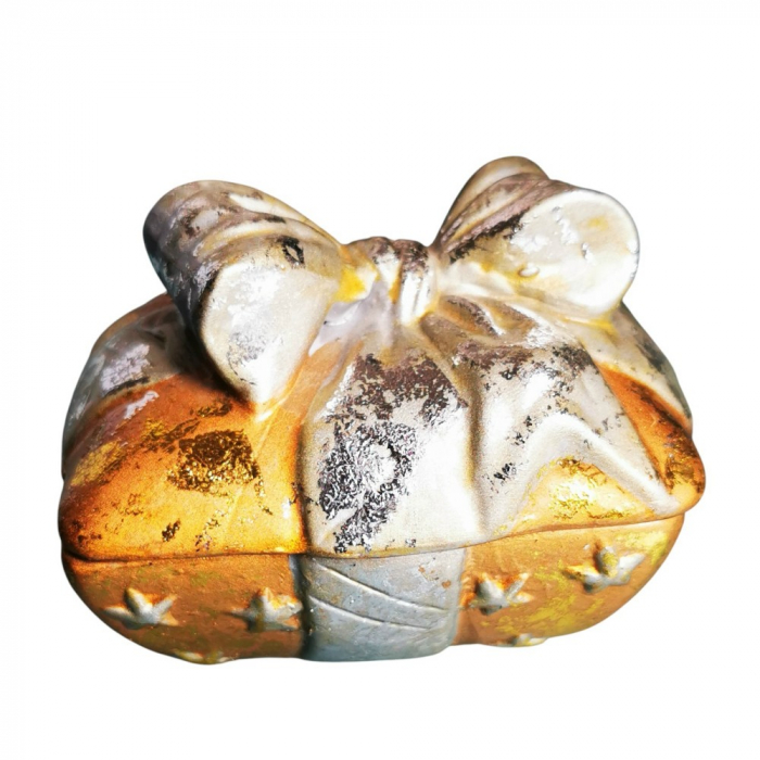 Keramikdose in GESCHENKFORM Goldfarben mit Silberschleife