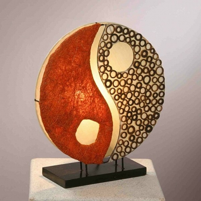 YING YANG Bast Cocos Tischlampe rot BALI LAMPE 30 cm handgefertigt