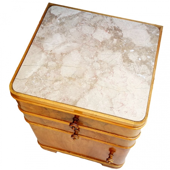 Preview: 50er Jahre ANTIK NACHTTISCH Nussbaumholz mit MARMORPLATTE links öffnende Türe