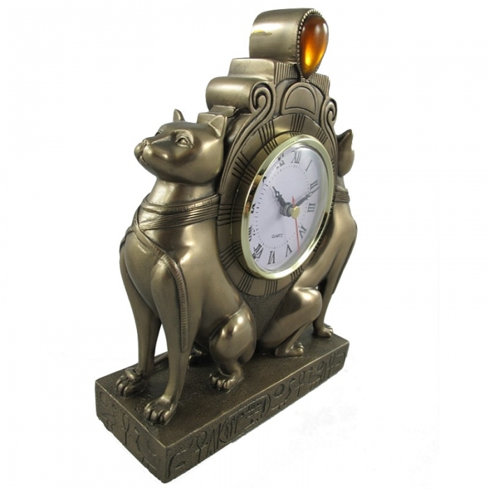 Preview: ÄGYPTISCHE KATZEN Uhr Tischuhr Kaminuhr Polystein Farbe BRONZE 23 cm