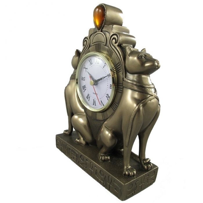 Preview: ÄGYPTISCHE KATZEN Uhr Tischuhr Kaminuhr Polystein Farbe BRONZE 23 cm