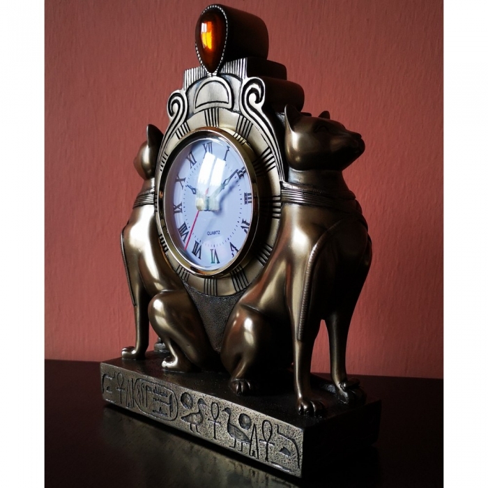 Preview: ÄGYPTISCHE KATZEN Uhr Tischuhr Kaminuhr Polystein Farbe BRONZE 23 cm