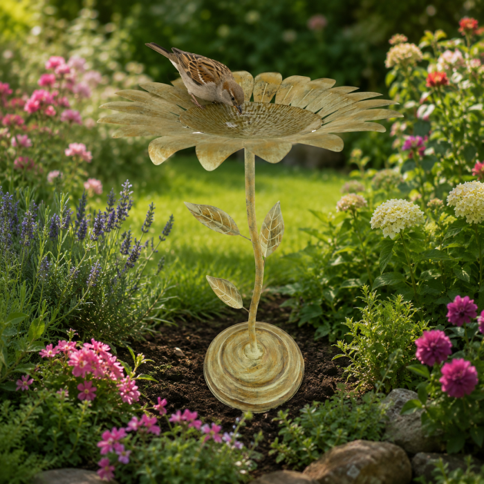 Vogelbad Vogeltränke Blumenform, rustikal grün, für Garten, Terrasse & Balkon