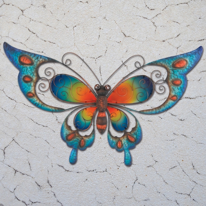 EDEL SCHMETTERLING BLAU 74 cm Metall Glas Wanddekoration für Innen & Außen