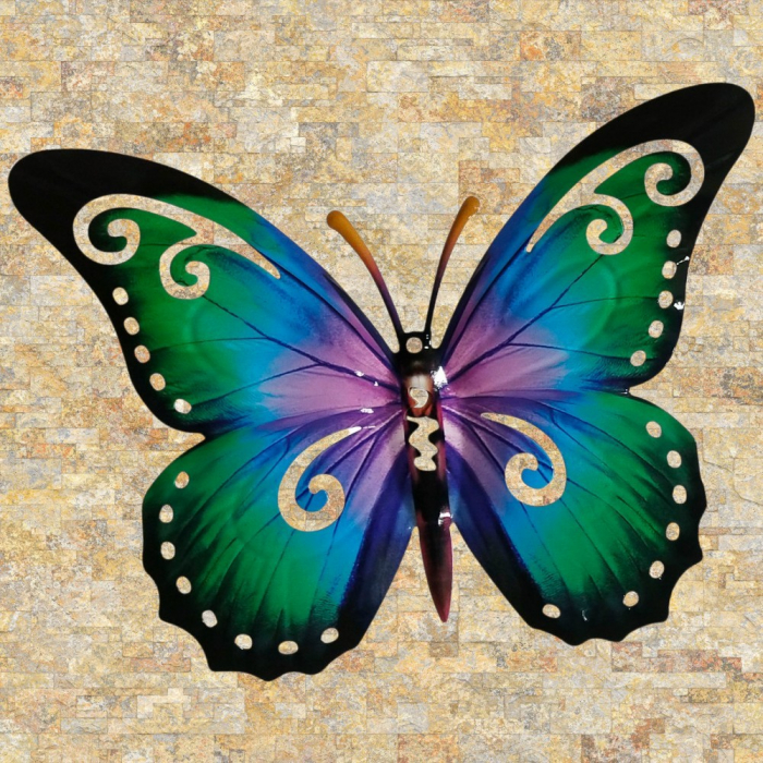 SCHMETTERLING GRÜN BLAU VIOLETT Metall Wanddekoration für Innen & Außen