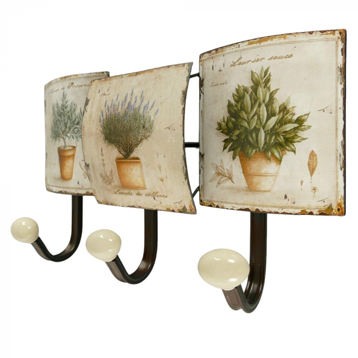 Preview: Garderobenleiste KRÄUTER Metall 3er Haken Wandgarderobe Antik Look