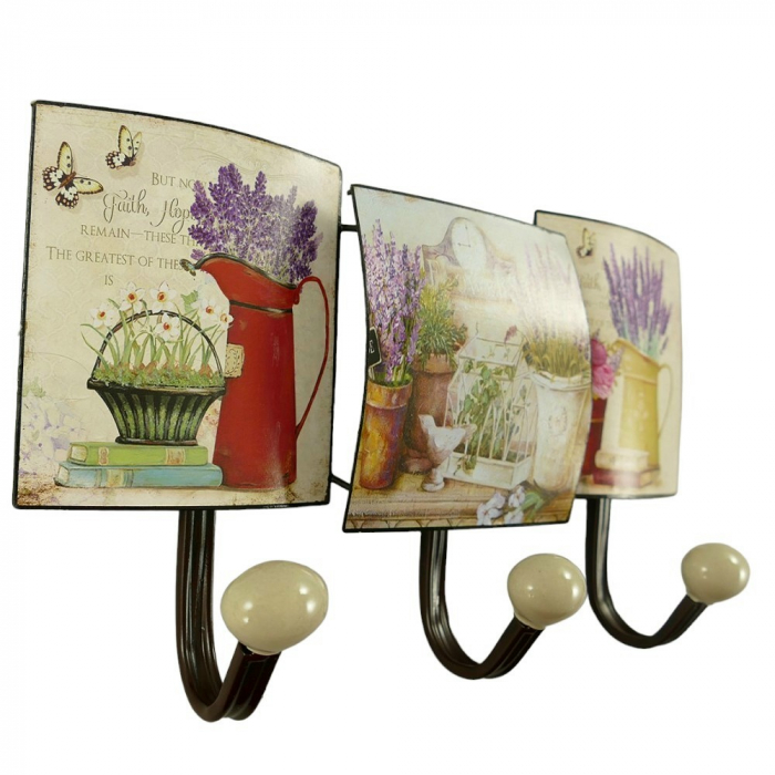 Preview: Garderobenleiste LAVENDEL VARIATIONEN Metall 3er Haken Wandgarderobe Antik Look