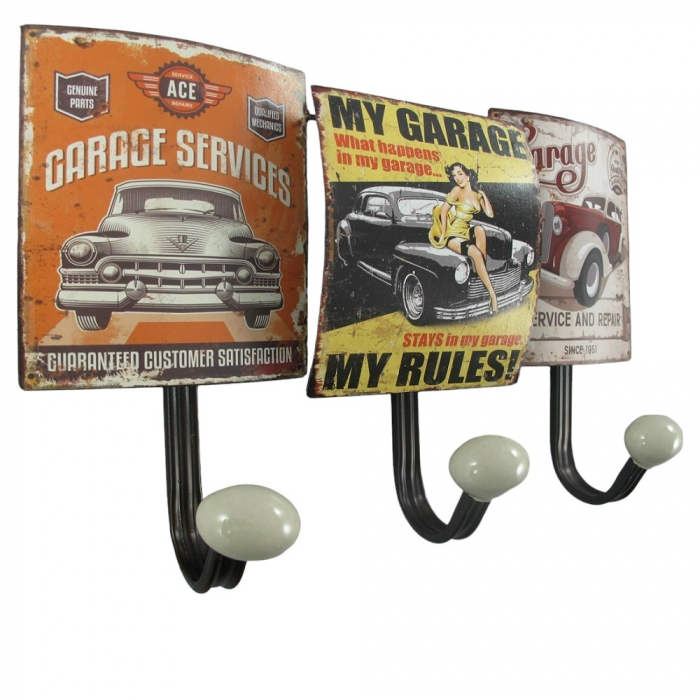 Preview: Garderobenleiste US OLDTIMER MY GARAGE Metall 3er Haken Wandgarderobe Antik Look