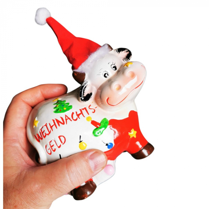 Spardose "WEIHNACHTSGELD" lustige Kuh mit Weihnachtsmütze