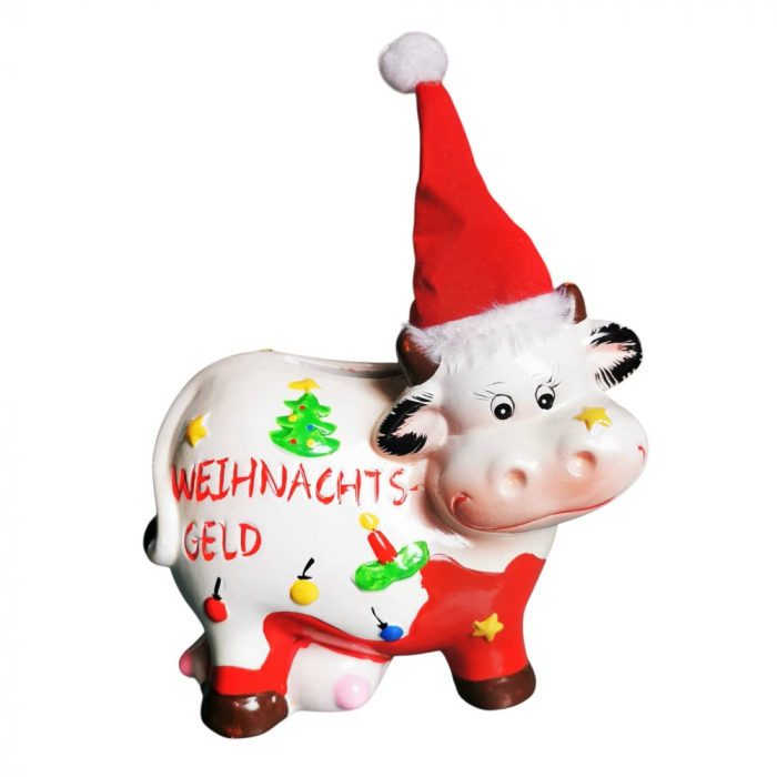 Spardose "WEIHNACHTSGELD" lustige Kuh mit Weihnachtsmütze