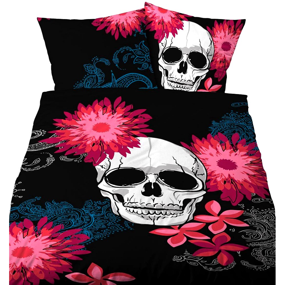 Totenkopf-Bettwäsche-Set Doppelbett – Gothic-Design Mit Rosen & Totenköpfen, 100% Polyester, Inkl. Bettdecke & Kissenbezüge
