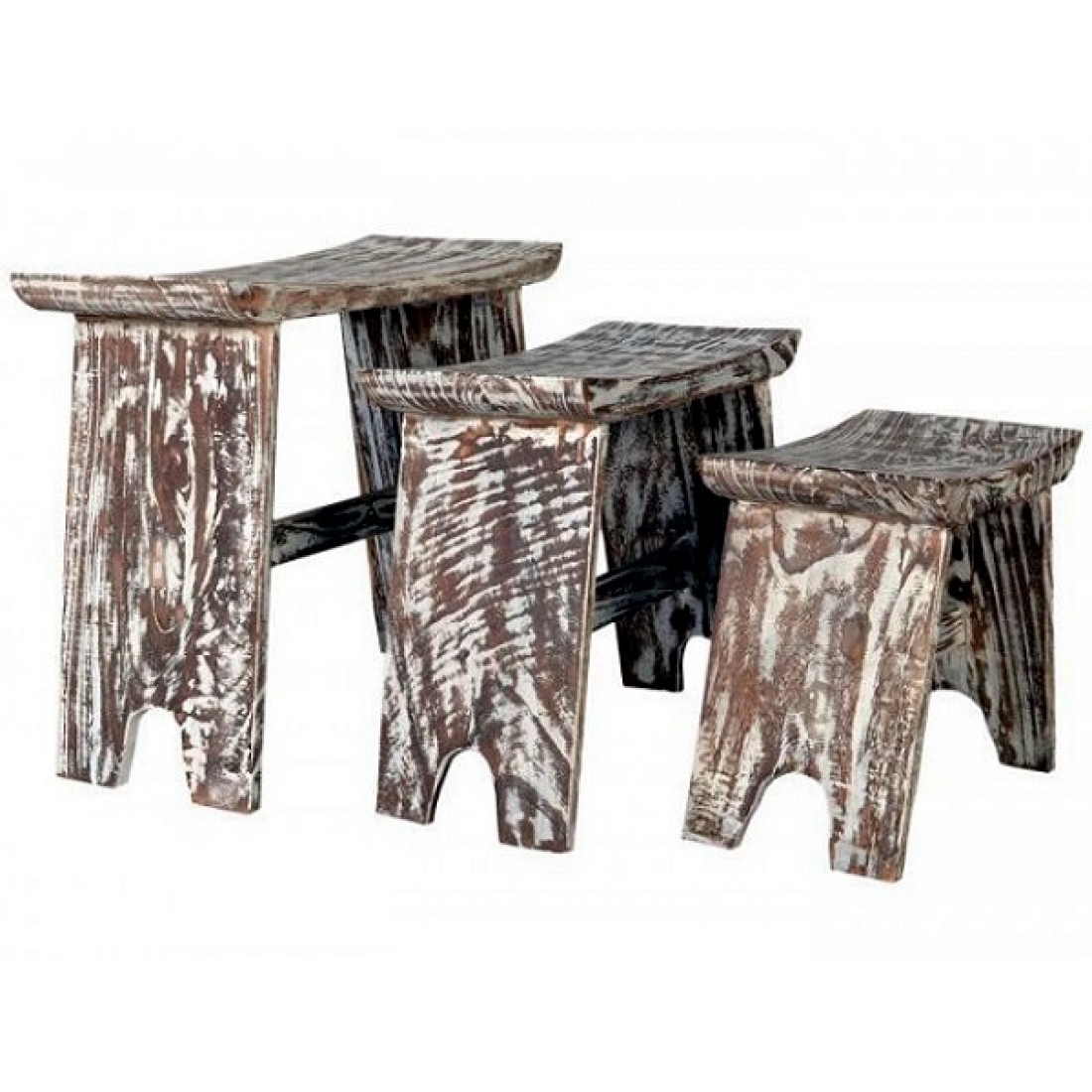 3er Set Holz-Beistelltische Bali Handgefertigte Pflanzhocker & Sitzhocker aus Zedrachholz (Whitewash)