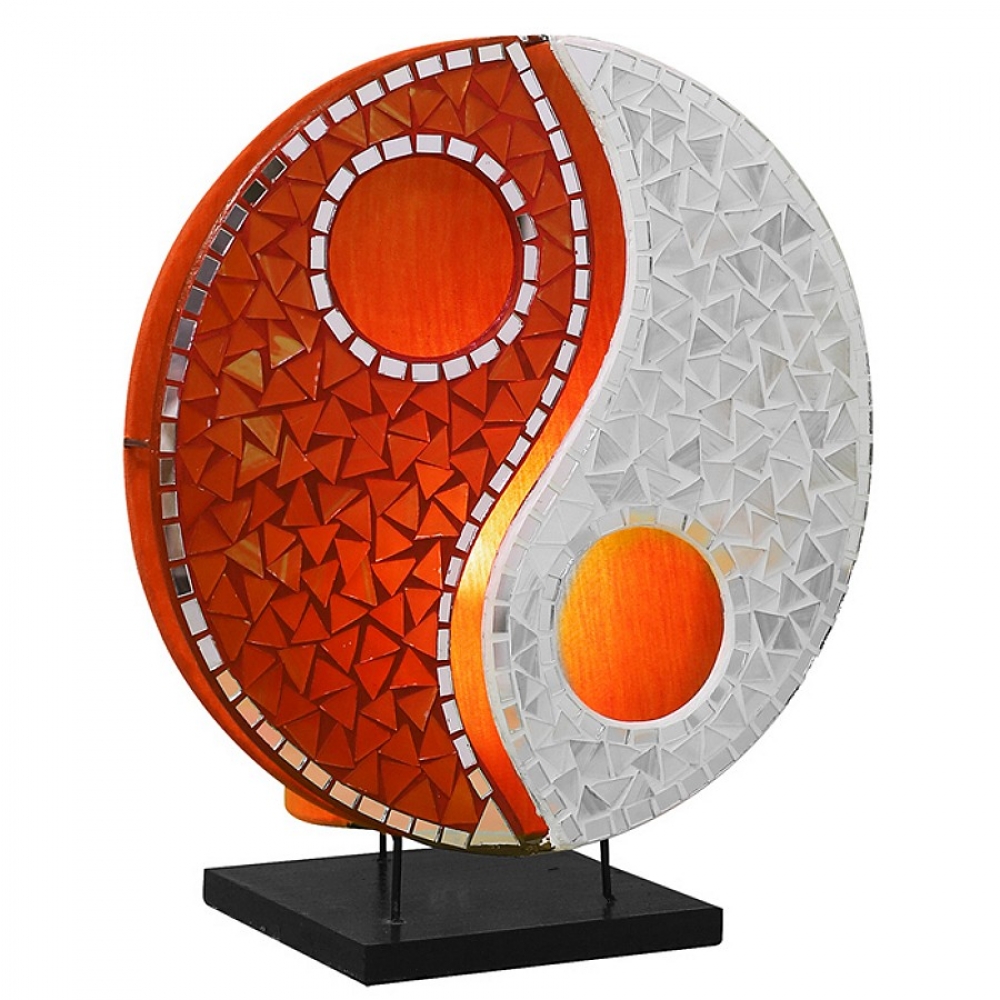 YING YANG Glas Spiegel Tischlampe orange weiß Bali Lampe 30 cm handgefertigt