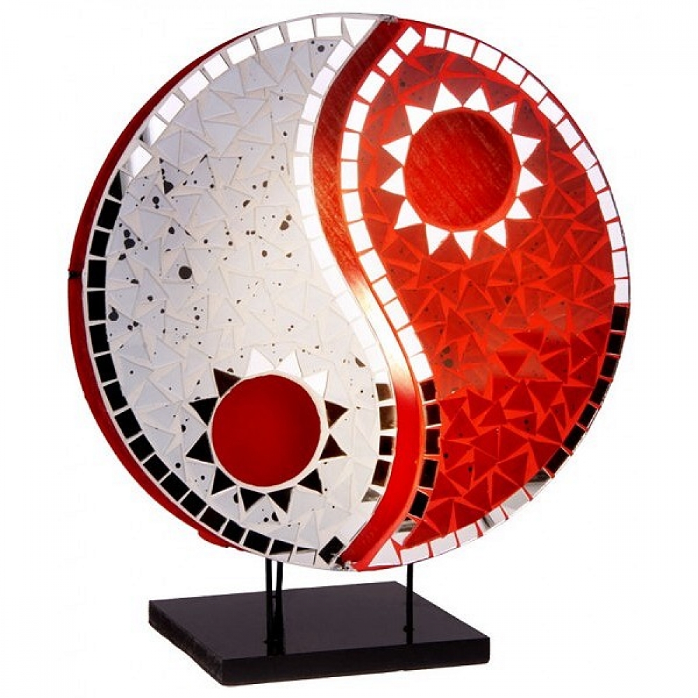 YING YANG Glas Spiegel Tischlampe rot weiß Bali Lampe 36 cm handgefertigt