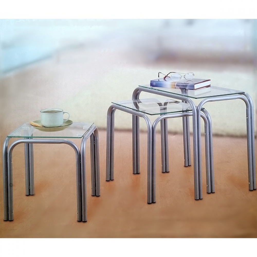 3er Set Couchtisch Beistelltisch Glas/Metall Silberfarben platzsparend stellbar