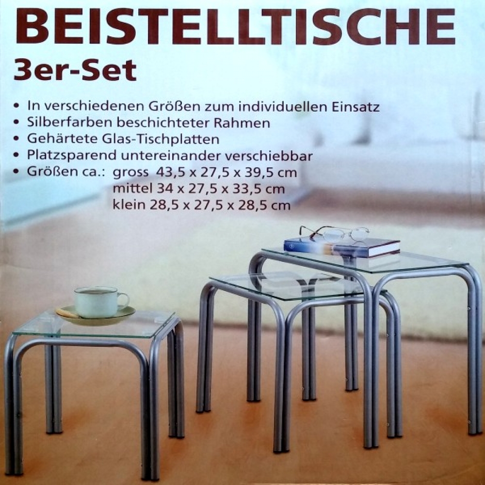 3er Set Couchtisch Beistelltisch Glas/Metall Silberfarben platzsparend stellbar