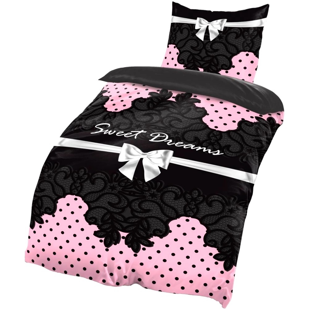 SÜSSE TRÄUME SCHWARZ PINK Bettwäsche Garnitur 135x200 cm Mikrofaser