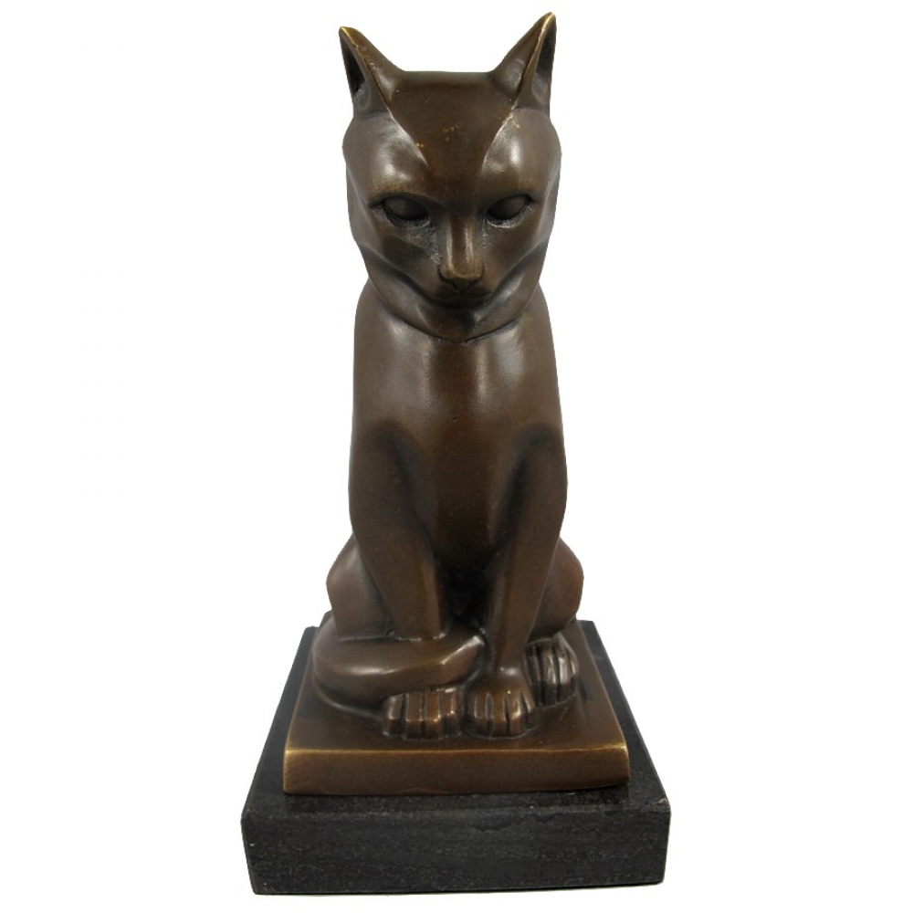 Art Deco Patiniert Bronze Tiere Ägyptische Katze Statuette Figur Obsidian Stände 