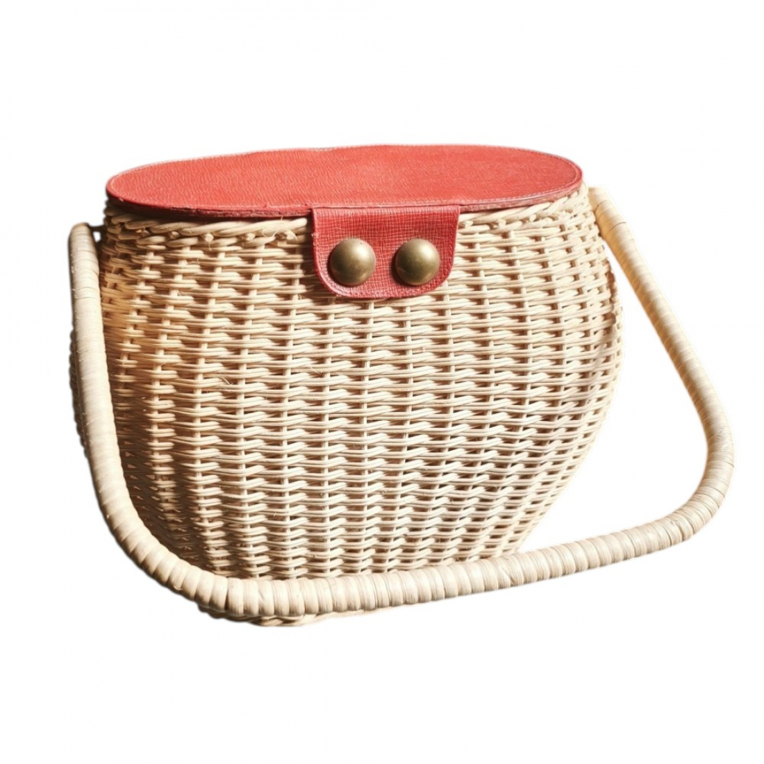 70er Jahre Vintage Korbtasche Basket Bag mit rotem Deckel & Drehverschluss