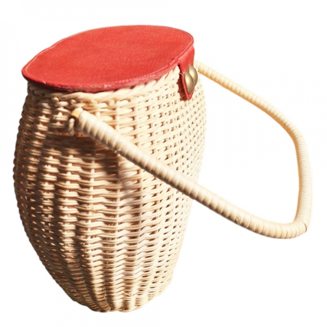 70er Jahre Vintage Korbtasche Basket Bag mit rotem Deckel & Drehverschluss