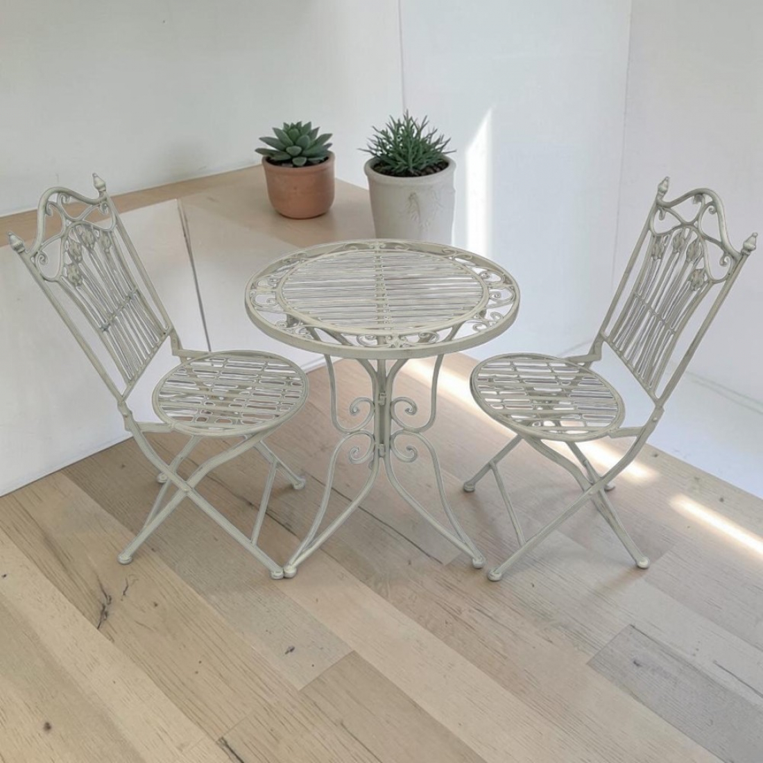 Gartenmöbel Set RIVIERA Antik Look WEISS Eisen 2x Stuhl 1x Tisch