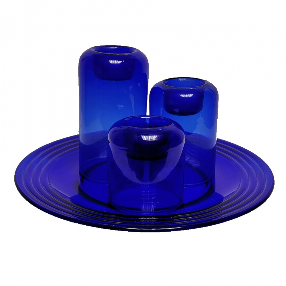 Glas KERZENHALTER SET 4 Teile BLAU Glaskerzenhalter Teelichthalter Kerzenständer