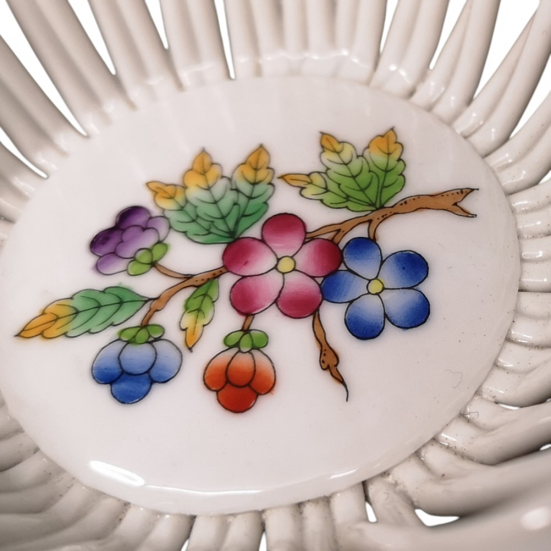 HEREND HUNGARY Porzellan Schale Konfektschale Flechtkorb 70er Jahre Blumenmuster