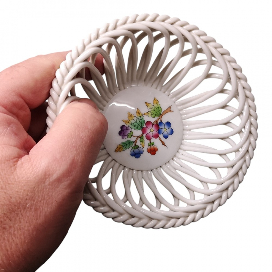 HEREND HUNGARY Porzellan Schale Konfektschale Flechtkorb 70er Jahre Blumenmuster