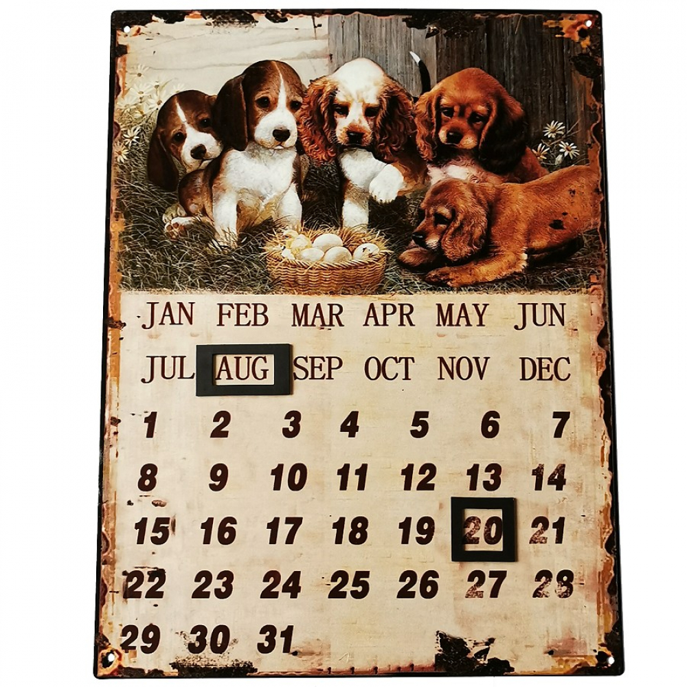 Kalender HUNDE WELPEN Jahreskalender Shabby Blechschild magnetisch 33x25 cm