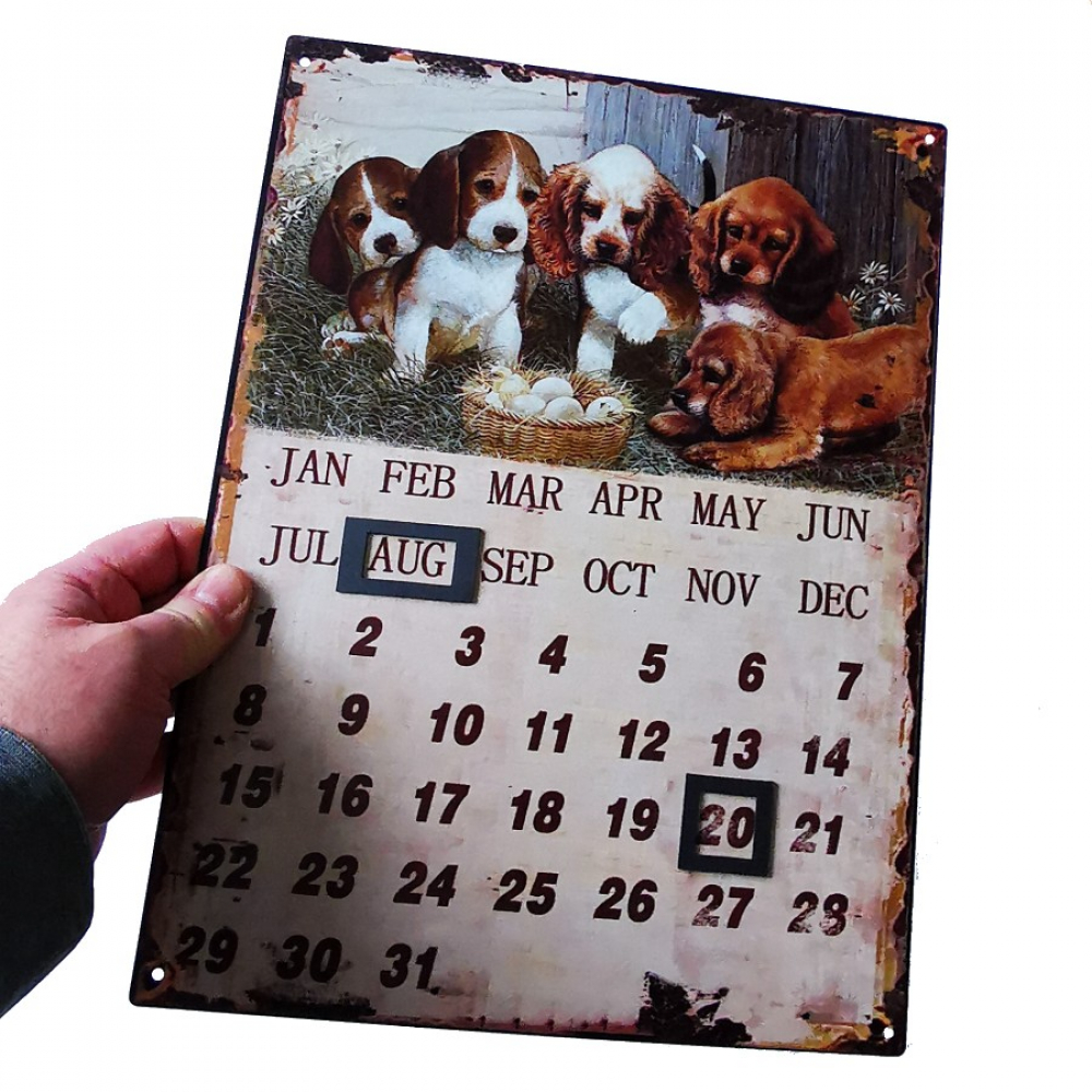 Kalender HUNDE WELPEN Jahreskalender Shabby Blechschild magnetisch 33x25 cm