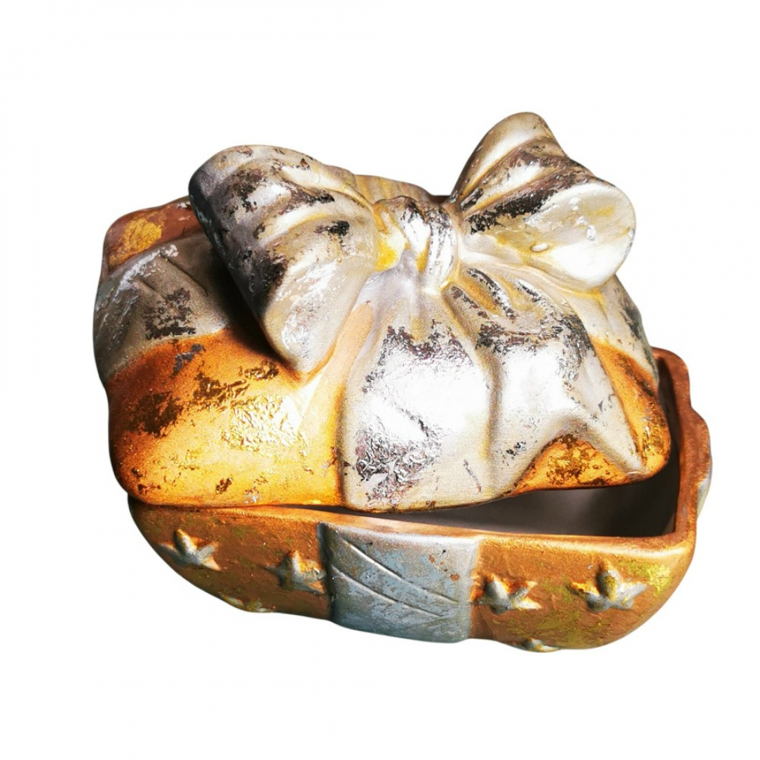 Keramikdose in GESCHENKFORM Goldfarben mit Silberschleife