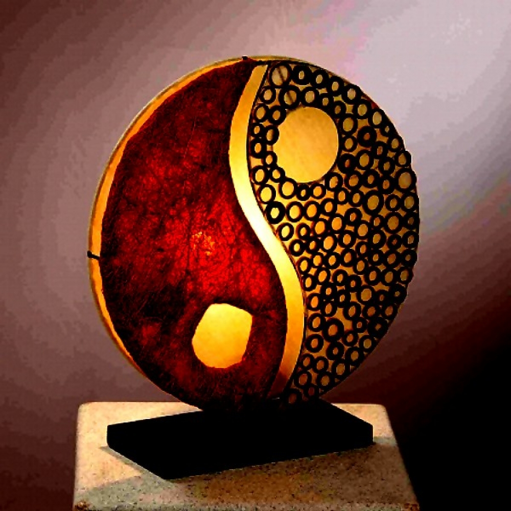 YING YANG Bast Cocos Tischlampe rot BALI LAMPE 30 cm handgefertigt